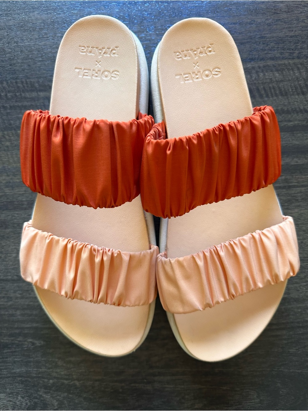 Sorel Two-Band Slide Sandals in Terracotta & Peach